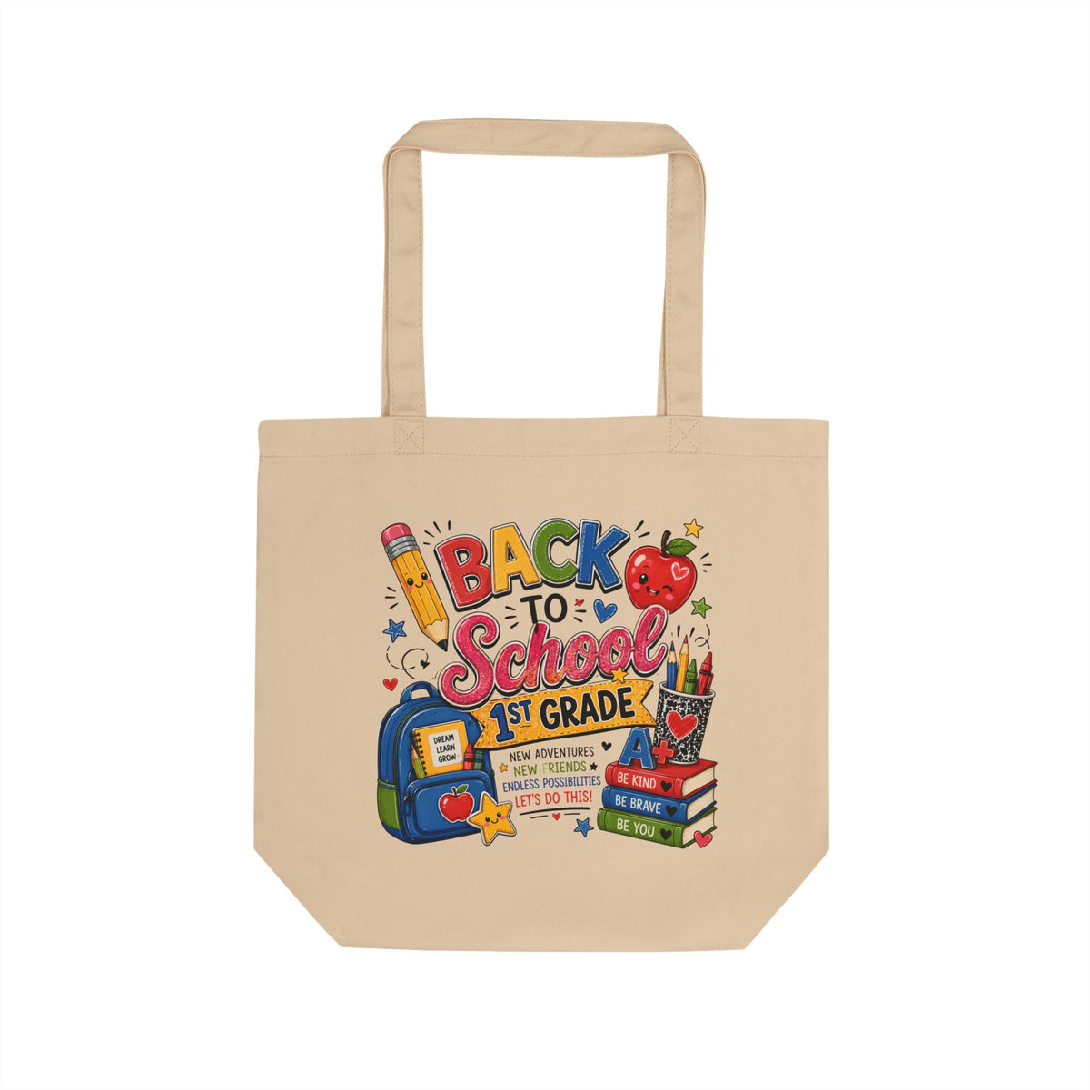 Back to School 1st Grade Canvas Tote Bag — Eco Friendly Bookbag Gift for Teachers & Students